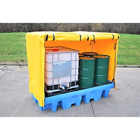 Opslagplaats voor gevaarlijke stoffen met afdekzeil voor 2 x IBC tanks of 8 vaten van 205 l, 1140 l volume, tot 2500 kg, PE & pvc, blauw-geel