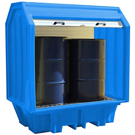 Opslagplaats voor gevaarlijke stoffen met roldeur voor 2 vaten van 205 l, 230 l volume, tot 650 kg, afsluitbaar, aan beide zijden onderrijdbaar, PE, blauw