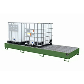 Opvangbak AW 1000-3, voor 3 IBC-containers à 1000 l of 10 vaten à 200 l, L 3850 x B 1300 x H 340 mm, toegankelijk via onderzijde, reseda groen