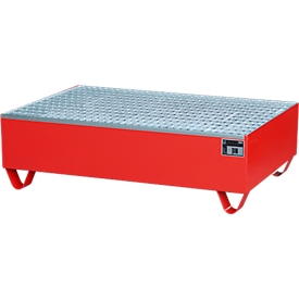Opvangbak, voor 2 vaten à 200 l, met verzinkt rooster, L 1200 x B 800 x H 360 mm, van onderen toegankelijk, staal, vlamrood RAL 3000