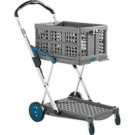 Opvouwbare mobiele CLAX®, 2 legborden, belastbaar tot 60 kg, zwenk- en bokwielen, incl. 46 l opvouwbare box, aluminium & kunststof, grijs/petrol