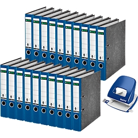 Ordner Leitz 1050, Rückenbreite 52 mm, 20 Stück + Locher Leitz 5008, 3 mm/30 Blatt, blau