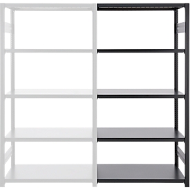 ORDO Business boltless shelving, add-on shelving, modular, 5 shelves, shelf load 140 kg, bay load 1200 kg, W 760 x D 435 x H 2000 mm, steel, black