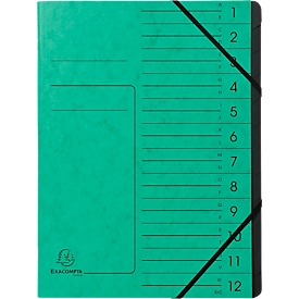 Organisateur FALKEN, format A4, fermeture élastique, carton, 12 compartiments, vert