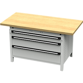 Otto Kind brede werkbank type 405, beuken multiplex blad, tot 1.200 kg, B 1524 x D 750 x H 850 mm, staal, centrale vergrendeling, lichtgrijs/lichtgrijs