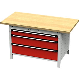 Otto Kind brede werkbank type 405, beuken multiplex blad, tot 1.200 kg, B 1524 x D 750 x H 850 mm, staal, centrale vergrendeling, lichtgrijs/ vuurrood
