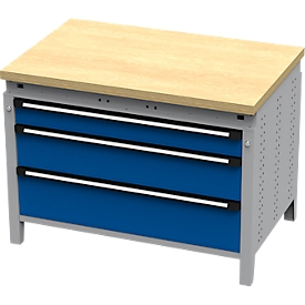 Otto Kind brede werkbank type 410, beuken multiplex blad, tot 1.200 kg, B 1152 x D 750 x H 850 mm, staal, centrale vergrendeling, aluminium wit/ gentiaanblauw
