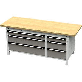 Otto Kind brede werkbank type 425, multiplexplaat van beukenhout, met overhang, tot 1400 kg, B 2004 x D 750 x H 850 mm, staal, centrale vergrendeling, lichtgrijs/stofgrijs
