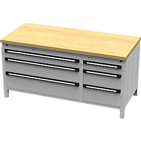Otto Kind brede werkbank type 430, multiplexplaat van beukenhout, vlak afgeschoten, tot 1400 kg, B 1697 x D 750 x H 850 mm, staal, centrale vergrendeling, blank aluminium/wit aluminium