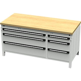 Otto Kind brede werkbank type 430, multiplexplaat van beukenhout, vlak afgeschoten, tot 1400 kg, B 1697 x D 750 x H 850 mm, staal, centrale vergrendeling, lichtgrijs/lichtgrijs