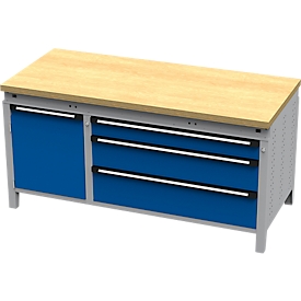 Otto Kind brede werkbank type 440, multiplexplaat van beukenhout, vlak afgeschoten, tot 1400 kg, B 1697 x D 750 x H 850 mm, staal, centrale vergrendeling, blank aluminium/geniaanblauw