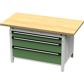 Otto Kind Breitfachwerkbank Typ 405, Buche Multiplexplatte, bis 1.200 kg, B 1524 x T 750 x H 850 mm, Stahl, Zentralverschluss, lichtgrau/resedagrün