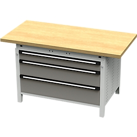 Otto Kind Breitfachwerkbank Typ 405, Buche Multiplexplatte, bis 1.200 kg, B 1524 x T 750 x H 850 mm, Stahl, Zentralverschluss, lichtgrau/staubgrau