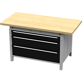 Otto Kind Breitfachwerkbank Typ 405, Buche Multiplexplatte, bis 1.200 kg, B 1524 x T 750 x H 850 mm, Stahl, Zentralverschluss, weißaluminium/tiefschwarz