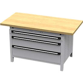 Otto Kind Breitfachwerkbank Typ 405, Buche Multiplexplatte, bis 1.200 kg, B 1524 x T 750 x H 850 mm, Stahl, Zentralverschluss, weißaluminium/weißaluminium