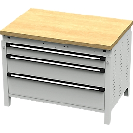 Otto Kind Breitfachwerkbank Typ 410, Buche Multiplexplatte, bis 1.200 kg, B 1152 x T 750 x H 850 mm, Stahl, Zentralverschluss, lichtgrau/lichtgrau
