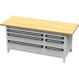 Otto Kind Breitfachwerkbank Typ 425, Buche Multiplexplatte, überstehend, bis 1400 kg, B 2004 x T 750 x H 850 mm, Stahl, Zentralverschluss, lichtgrau/lichtgrau