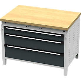 Otto Kind établi large type 410, plateau en hêtre multiplex, jusqu'à 1 200 kg, L 1152 x P 750 x H 850 mm, acier, fermeture centrale, gris clair/gris anthracite