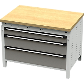 Otto Kind établi large type 410, plateau en hêtre multiplex, jusqu'à 1 200 kg, L 1152 x P 750 x H 850 mm, acier, fermeture centrale, gris clair/gris poussière