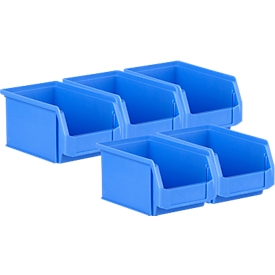 Pack ahorro de 5 cajas de abertura frontal SSI Schäfer LF221, PP, L 234 x An 150 x Al 122 mm, 2,7 l, empuñadura empotrada y ranuras, azul