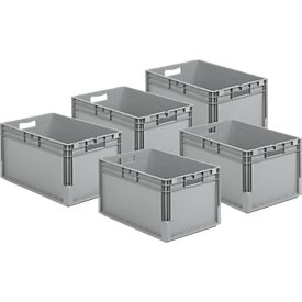 Pack ahorro de 5 cajas norma europea ELB 6320, de polipropileno, capacidad 64 l, gris, An 600 x P 400 x Al 320 mm