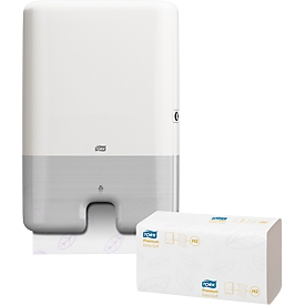 Pack éco. : distributeur d’essuie-mains enchevêtrés TORK®, grand, verrouillable, avec 2100 essuie-mains enchevêtrés Premium