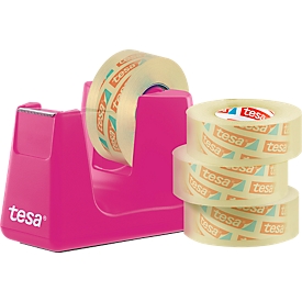 Pack économique dérouleur de table Easy Cut® COMPACT tesa + 4 bobines tesafilm®, Dérouleur de ruban adhésif rose