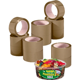 Packband Nopi Classic, 12 Rollen, Rolle 66 m lang, braun + GRATIS Dose Haribo Phantasia