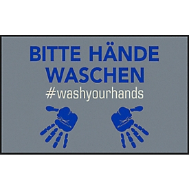 Paillasson Bitte Hände waschen.wash your hands*, polyamide, dos/bords en caoutchouc nitrile, lavable, L 750 x l 1200 mm
