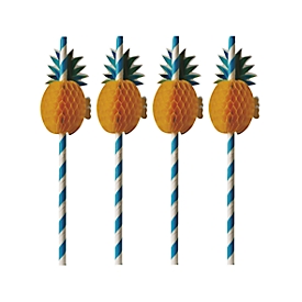 Paille Papstar Pineapple, jetable, L 200 x Ø 6 mm, en papier certifié FSC® avec ananas 3-D, bleu-blanc, 50 pièces