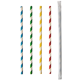 Pailles à boire Papstar Stripes, jetables, L 200 x Ø 6 mm, emballées individuellement, en papier certifié FSC®, couleurs assorties, 100 pcs.