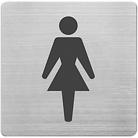 Panneau indicateur "WC dames", carré, incl. pastille autocollante, L 90 x l 90 mm, acier inoxydable brossé, argenté-noir