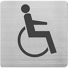 Panneau indicateur "WC fauteuil roulant", carré, incl. pastille autocollante, L 90 x l 90 mm, acier inoxydable brossé, argenté-noir