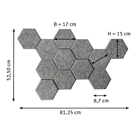 Panneaux acoustiques muraux - polyester - hexagonal - absorbant acoustique classe C - l. 170 x H 150 mm - aspect feutre gris chiné - set de 12 pièces