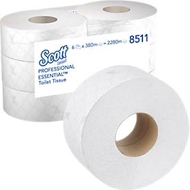 Papel higiénico Scott® Essential™ Jumbo 8511, 2 capas, 6 rollos a 380 m hojas, total 2280 m, blanco