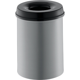 Papelera, para uso interior y exterior, volumen 15 l, tapa autoextinguible, Ø 255 x H 300 mm, metal, color aluminio/negro