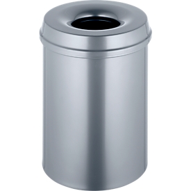 Papelera, para uso interior y exterior, volumen 15 l, tapa autoextinguible, Ø 255 x H 300 mm, metal, plata/plata