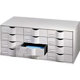 Paperflow drawer box, A4, 12 drawers, partial extension, closed fronts, recessed grip &amp; label holder, labels, W 813 x D 342 x H 329 mm, PS, grey