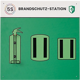 Paperflow Shadowboard „Brandschutz-Station“, Wandmontage, für 1 Feuerlöscher/1 Brandschutzdecke/1 Brandalarm, erweiterbar, B 750 x H 750 mm, grün