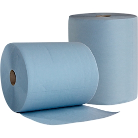 Papier de nettoyage BASIC-LINE, 3 couches, gaufré en volume &amp; encollé entre les feuilles, dimensions des chiffons env. 380 x 360 mm, bleu, 2 rouleaux de 500 chiffons chacun