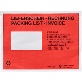 Papier-Dokumententasche/Lieferscheintasche SecurePack, C5, Fenster links, mit Aufdruck, selbstklebend, Pergaminpapier, rot, 250 Stück