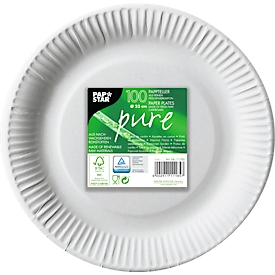 Papieren borden Papstar Pure, wegwerp, rond, Ø 230 mm, voedselveilig, FSC®-gecertificeerd &amp; composteerbaar, wit, 6 x 100 stuks