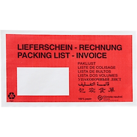 Papieren documentenmap/leveringsbonnenmap SecurePack, DIN lang, venster links, met opdruk, zelfklevend, perkamentpapier, rood, 250 stuks