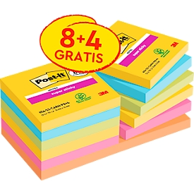 Paquet économique Post-it® notes adhésives Super Sticky Notes Carnival, 76 x 76 mm, couleur, 8 blocs à 90 feuilles+ 4 blocs GRATUITS