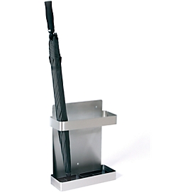 Paragüero Elly, para montaje suspendido en pared, con 2 bandejas recogegotas, A 370 x P 140 x A 450 mm, acero inoxidable/plástico