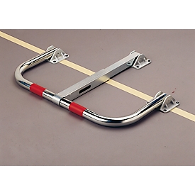 Parksperre Mottez B307C, klappbar, abschließbar, automatische Verriegelung, mit 2 roten Markierungsbändern, Bodenmontage, Stahrohr, silber-rot