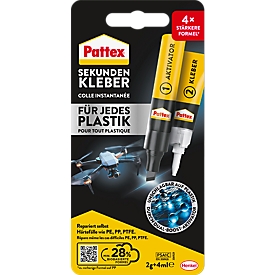 Pattex Sekundenkleber für Plastik, 2 Komponenten, 2 g Kleber + 4 ml Aktivator, wasserfest, transparent