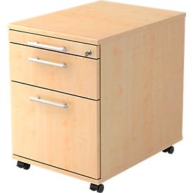 Pedestal móvil, 1 cajón, 1 cajón para utensilios, cajón para carpetas colgantes, ancho 428 x fondo 580 x alto 590 mm, decoración de arce