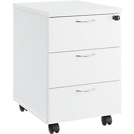 Pedestal móvil 333, ancho 404 x fondo 500 x alto 590 mm, 3 cajones, con cerradura, tiradores metálicos, 4 ruedas dobles giratorias, blanco