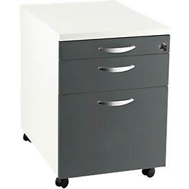 Pedestal móvil NEVADA, 1 cajón para utensilios, 1 cajón para carpetas colgantes, ancho 430 x fondo 600 x alto 600 mm, blanco/gris oscuro